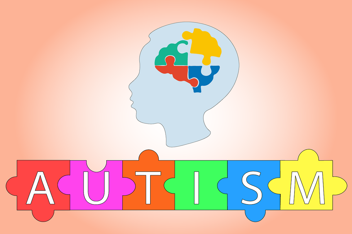 autism words on colorful puzzle, brain icon